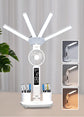 4-Arm Foldable LED Desk Lamp with Built-in Fan, Digital Clock, Temp Display & Dual Pen Holders – 3-Color Lighting, Infinite Dimming, USB-C Charging, Eye-Caring Light for Study, Work, Reading; Compact & Modern Design (White)