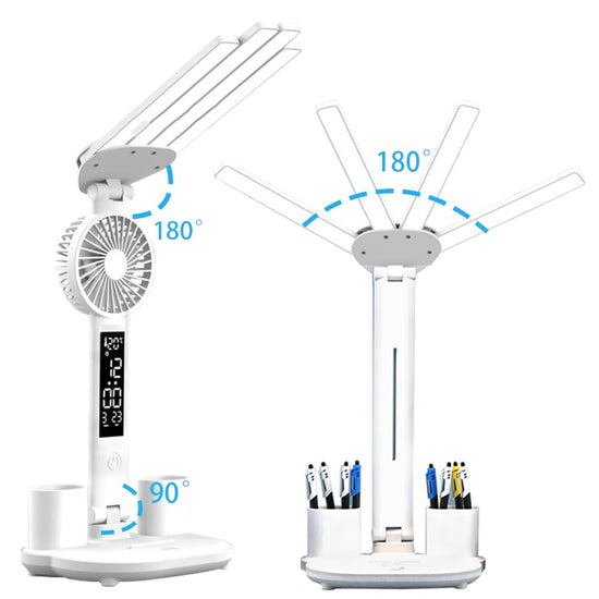 4-Arm Foldable LED Desk Lamp with Built-in Fan, Digital Clock, Temp Display & Dual Pen Holders – 3-Color Lighting, Infinite Dimming, USB-C Charging, Eye-Caring Light for Study, Work, Reading; Compact & Modern Design (White)