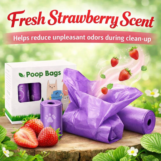 Dog Poop Bags with Dispenser – 240 Count, Leak-Proof, Strawberry Scented, Large Size for All Dogs, Biodegradable & Durable (Purple)