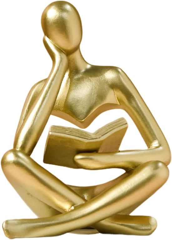 Abstract Reading Thinker Statue for Home Decor, Modern Resin Sculpture Figurine for Bookshelf, Desk & Living Room (Gold)