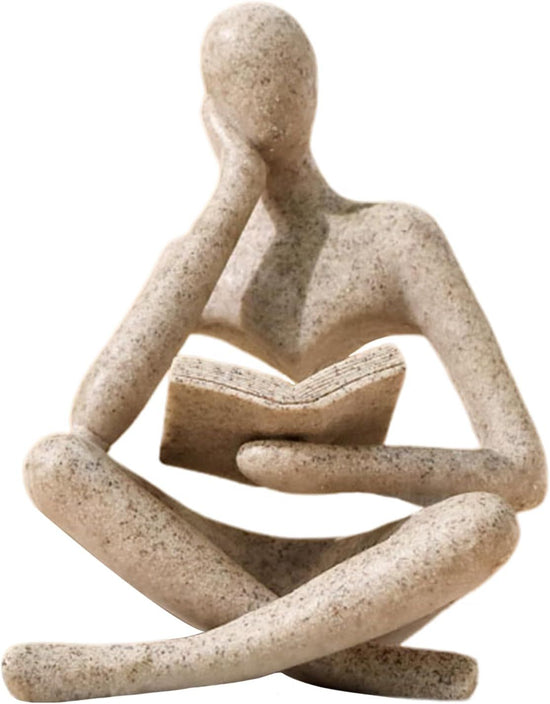 Abstract Reading Thinker Statue for Home Decor, Modern Resin Sculpture Figurine for Bookshelf, Desk & Living Room (Beige)