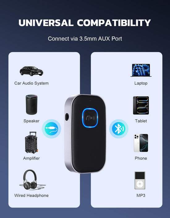 Bluetooth 5.3 Audio Receiver with Mic – Wireless AUX Adapter for Car Stereo, Speakers & Headphones, CVC8.0 Noise Cancellation, Dual Pairing, 16H Battery (Black)