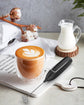 Handheld Electric Milk Frother with Stainless Steel Whisk, Push-Button Operation, Compact Design for Cappuccino, Latte, Matcha, Hot Chocolate, and Protein Drinks—Battery-Powered, Easy-Rinse Cleaning, Ideal for Home & Travel Use (Black)