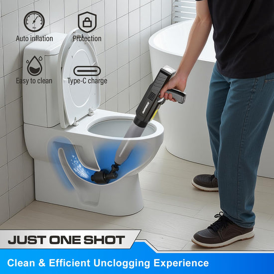 Electric Toilet Plunger with TurboPlunge Technology – Cordless High-Pressure Drain Cleaner, Multi-Head Unclogger, 120° Anti-Splash Design (Black)