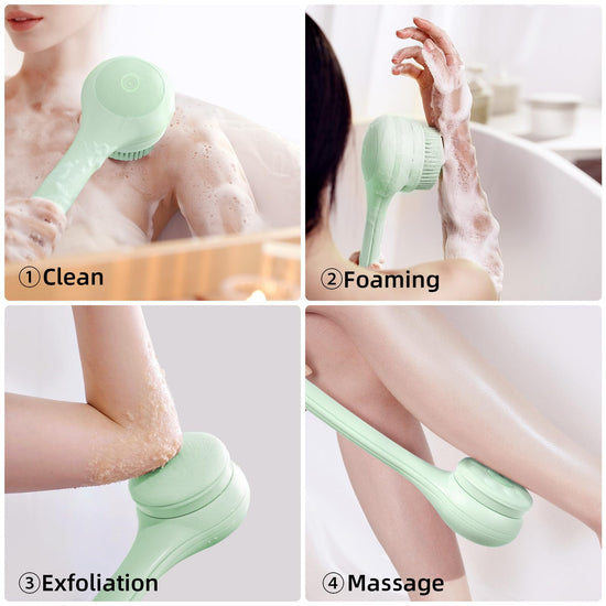 Electric Body Brush with Dual Handles – Waterproof Rotating Bath Scrubber, 3 Replaceable Heads, USB-C Charging, 2 Speeds(Green)