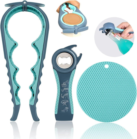 5-in-1 Bottle Opener & 4-Size Jar Opener Set with Adjustable Grip, Silicone Pad, and Ergonomic Handle—Multi-Function Kitchen Tool for Cans, Jars, Bottles, Pull Tabs, and Caps—Durable, Easy-to-Use Design (Blue)