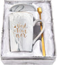 Best Mom Ever Coffee Mug Gift Set with Lid, Spoon & Coaster, 14oz Pink Marble Ceramic Cup for Mother&