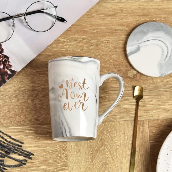 Best Mom Ever Coffee Mug Gift Set with Lid, Spoon & Coaster, 14oz Pink Marble Ceramic Cup for Mother&