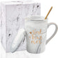 Best Mom Ever Coffee Mug Gift Set with Lid, Spoon & Coaster, 14oz Pink Marble Ceramic Cup for Mother&