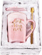 Best Mom Ever Coffee Mug Gift Set with Lid, Spoon & Coaster, 14oz Pink Marble Ceramic Cup for Mother&
