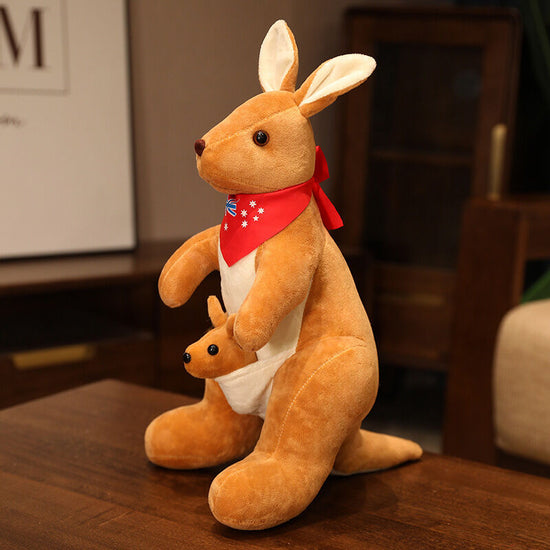 Kangaroo Stuffed Animal with Joey in Pouch & Australia Scarf - Soft Cuddly Plush Toy(32cm,light brown
)| Other Colors Available in Store