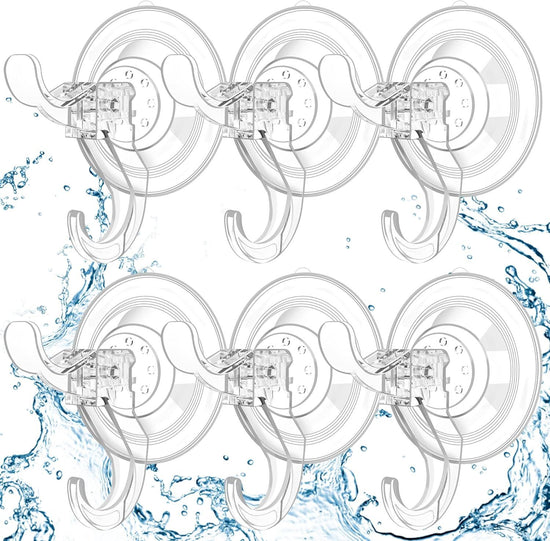 6-Pack Clear Suction Cup Hooks with Dual Hooks & Locking Lever—Reusable, Tool-Free Hanging for Glass, Mirrors, Tiles, Shower Walls—Ideal for Towels, Wreaths, Keys, Kitchen Tools