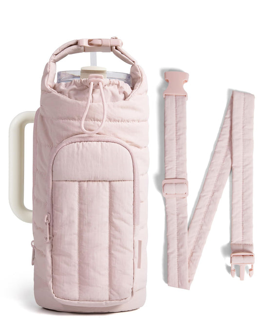 Magnetic Water Bottle Holder with Strap, Gym Accessories for Women Magnetic or Classic Design, Lightweight Tumbler Drink Carrier, Quilted Crossbody Purse, 64oz (light pink)