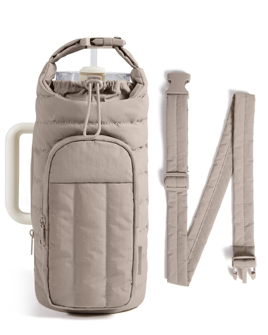 Magnetic Water Bottle Holder with Strap, Gym Accessories for Women Magnetic or Classic Design, Lightweight Tumbler Drink Carrier, Quilted Crossbody Purse, 64oz (Gray)