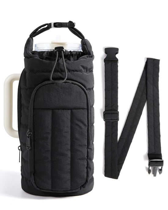 Magnetic Water Bottle Holder with Strap, Gym Accessories for Women Magnetic or Classic Design, Lightweight Tumbler Drink Carrier, Quilted Crossbody Purse, 64oz (Black)