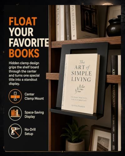 Small Invisible Floating Bookshelf Holder, Black Metal Slide-On Book Display Organizer, No Drilling Space Saving Storage Stand for Shelves Cabinets Home Library Office Reading Room Book Lover