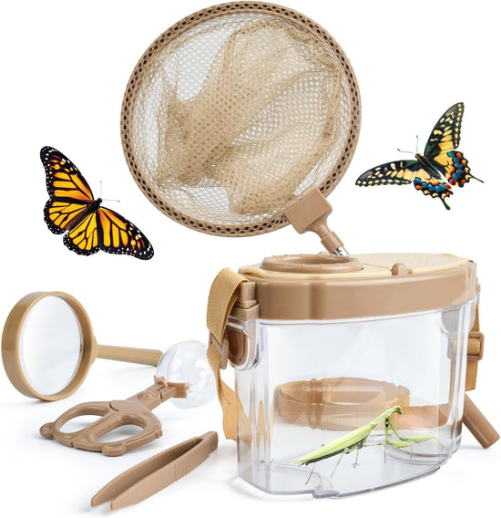 Kids Bug Catching Kit with Extendable Net, Magnifier & Observation Habitat – Outdoor Exploration Toy for Backyard & Camping (Brown)