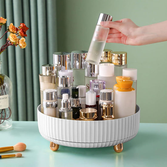 360° Rotating Cosmetic Organizer with Gold Feet – Silent Smooth Turntable for Skincare, Makeup, Brushes, Perfume & Jewelry, Large Capacity Desktop Storage Tray, Non-Slip Base, Easy Access Vanity Organizer (White)