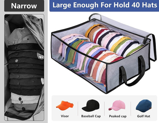 Large Capacity Foldable Hat Organizer Storage Box with Clear See-Through Window for Baseball Caps, Clothes, Toys, and Books, Underbed and Closet Container (Grey)