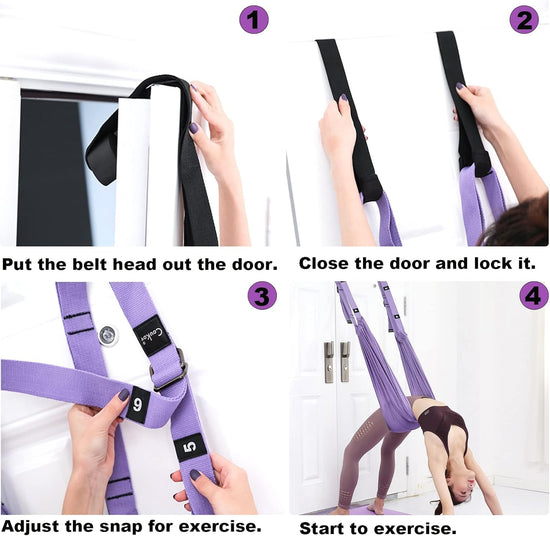 Door-Hanging Yoga Hammock for Backbend & Stretching – Adjustable Aerial Yoga Strap with Dual Anchors, Full-Body Flexibility Trainer for Home Use (Purple)