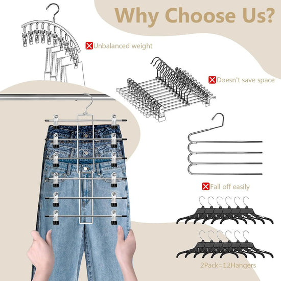 6-Tier Metal Clothing Organizer Hanger with 12 Adjustable Clips, 360° Swivel Hook, Foldable Design, and Rubber-Tipped Grips for Pants, Skirts, Bras, Sweaters, and Scarves—Space-Efficient Closet Solution (1pack)