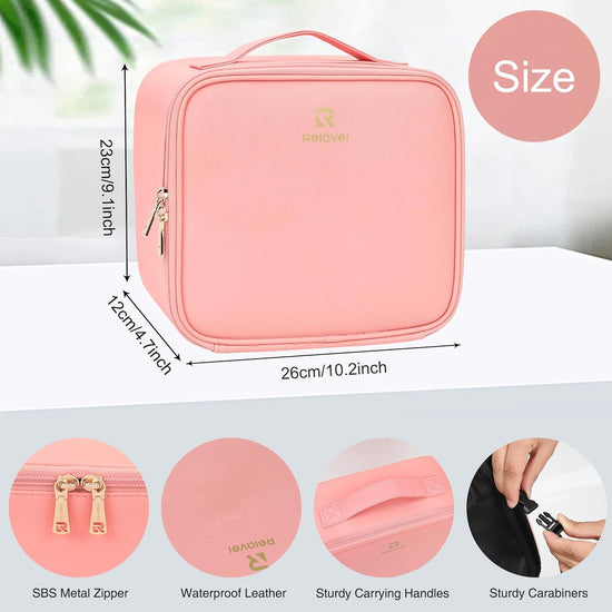 Portable LED Makeup Case with Mirror – Rechargeable 3-Color Light, 6 Adjustable Dividers, Brush Roll Holder, Waterproof PU Leather, Large Capacity Travel Cosmetic Organizer for Women, Includes Charging Cable (Pink)