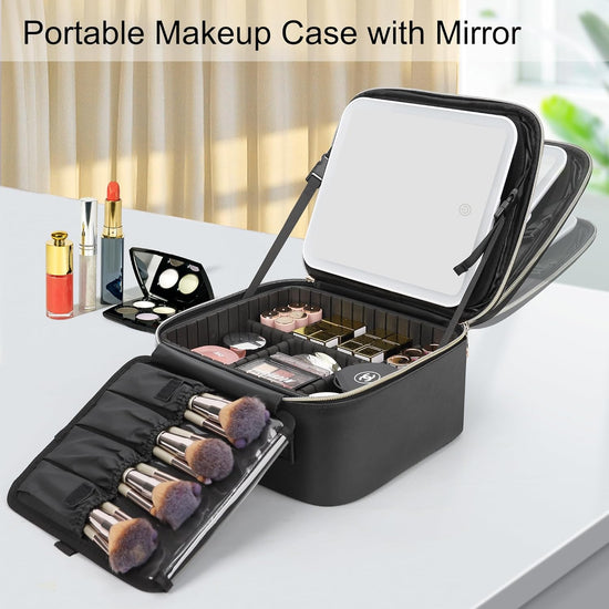 Portable LED Makeup Case with Mirror – Rechargeable 3-Color Light, 6 Adjustable Dividers, Brush Roll Holder, Waterproof PU Leather, Large Capacity Travel Cosmetic Organizer for Women, Includes Charging Cable (Black)