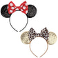 2-Pack Minnie-Style Sequin Ear Headbands for Women & Girls – Sparkly Mouse Ears with Fabric Bows (Polka Dot Red & Leopard Print), Stretchy Comfort Fit, Perfect for Theme Parks, Parties, Cosplay, Photoshoots, and Daily Fun (Black & Beige)
