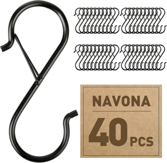 40-Pack S-Shaped Hooks with Safety Buckle, Black Finish, for Hanging Bags, Kitchen Tools, Plants & Decor—Fits Rods up to 0.5 Inch Diameter—Easy Open/Close Design, Multi-Use Home Organization Tool (Black)