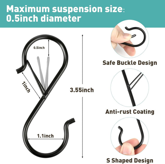 40-Pack S-Shaped Hooks with Safety Buckle, Black Finish, for Hanging Bags, Kitchen Tools, Plants & Decor—Fits Rods up to 0.5 Inch Diameter—Easy Open/Close Design, Multi-Use Home Organization Tool (Black)