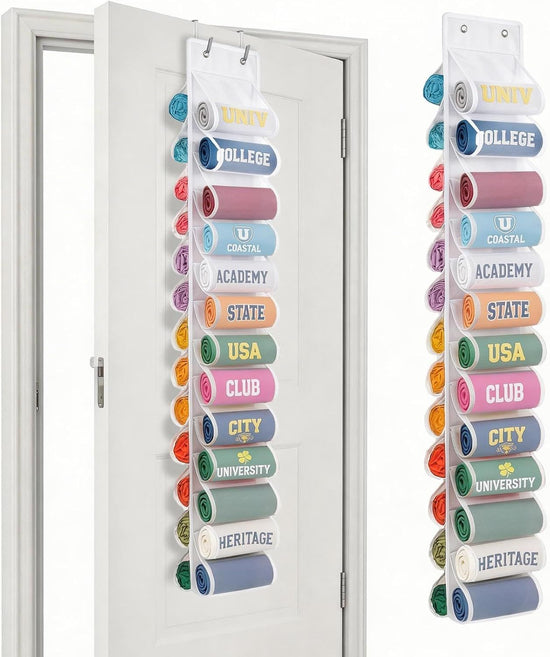 Double-Sided Over Door & Closet Organizer for Yoga Pants, Scarves & Accessories in Dorms and Bedrooms, 26-Pocket Vertical Storage Rack (White)