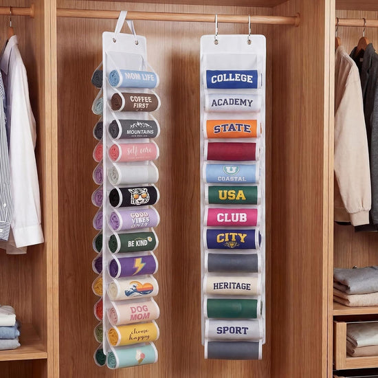 Double-Sided Over Door & Closet Organizer for Yoga Pants, Scarves & Accessories in Dorms and Bedrooms, 26-Pocket Vertical Storage Rack (White)