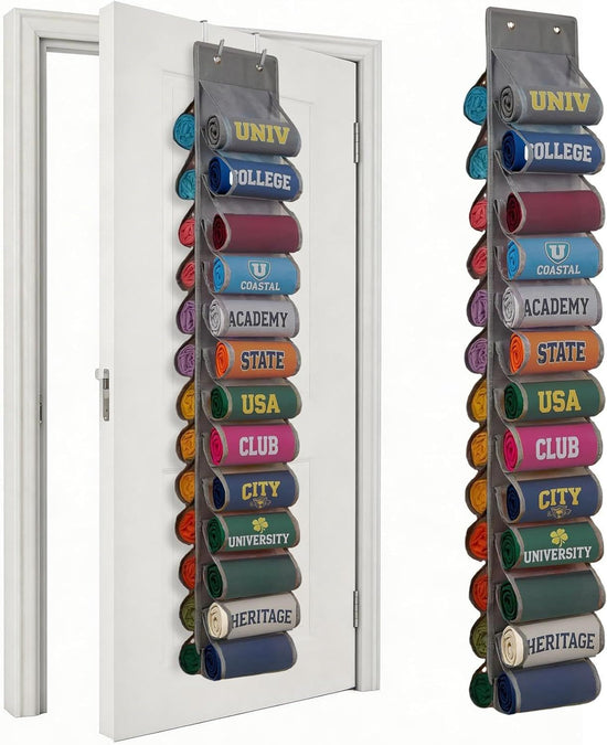 Double-Sided Over Door & Closet Organizer for Yoga Pants, Scarves & Accessories in Dorms and Bedrooms, 26-Pocket Vertical Storage Rack (Grey)