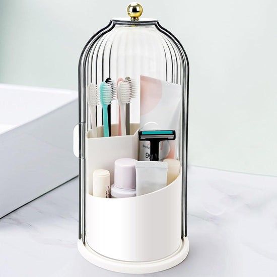 360° Rotating Makeup Brush Holder with Dustproof Cover, 3-Slot Vanity Organizer for Cosmetics & Toiletries, Birdcage Design for Bathroom & Desk (White)