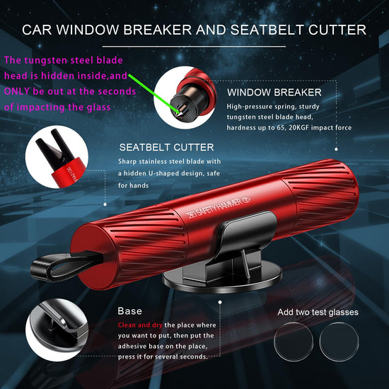 2-Pack Car Emergency Safety Hammer – Dual-Function Window Breaker & Seatbelt Cutter, Tungsten Steel Tip, Aluminum Alloy Body, Compact & Reliable Life-Saving Tool (Red & Black)