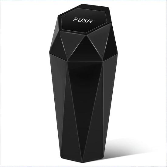 Push-Top Car Trash Can – Compact 600mL Auto-Close Garbage Bin for Cup Holder, Door Pocket & Desk, Waterproof, Leakproof, Sleek Geometric Design (Black)