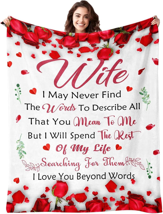 Romantic Rose Print Fleece Blanket for Wife, Soft Cozy Throw for Valentine’s Day Anniversary Christmas Gift, Warm Snuggle Blanket with Love Message (50”*60”)