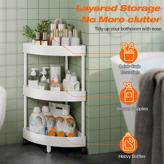 White Corner Storage Shelf – 3-Tier Rolling Organizer for Bathroom, Kitchen & Bedroom | Space-Saving Aluminum Rack with Wheels | Black Available In-Store