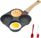4-Cup Non-Stick Breakfast Pan with Wooden Handle & Silicone Indicator—Multi-Compartment Egg, Pancake, Burger Cooker—Compatible with Gas, Induction, Ceramic Stoves—Includes Spatula & Brush (Black)
