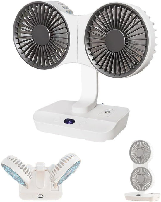 Dual-Head Auto-Oscillating Desktop Fan for Office & Bedroom, USB Rechargeable Portable Cooling with LED Display (White)