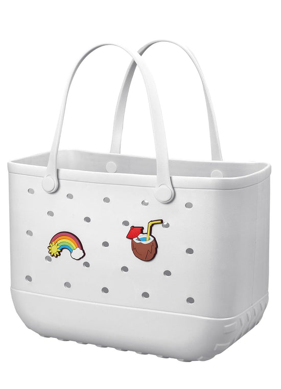 EVA Beach Tote Bag for Swimming, Pool & Travel – Waterproof Washable Rubber Handbag with 2 Random Charms, Lightweight & Sand-Resistant (White)  | Other Colors Available in Store