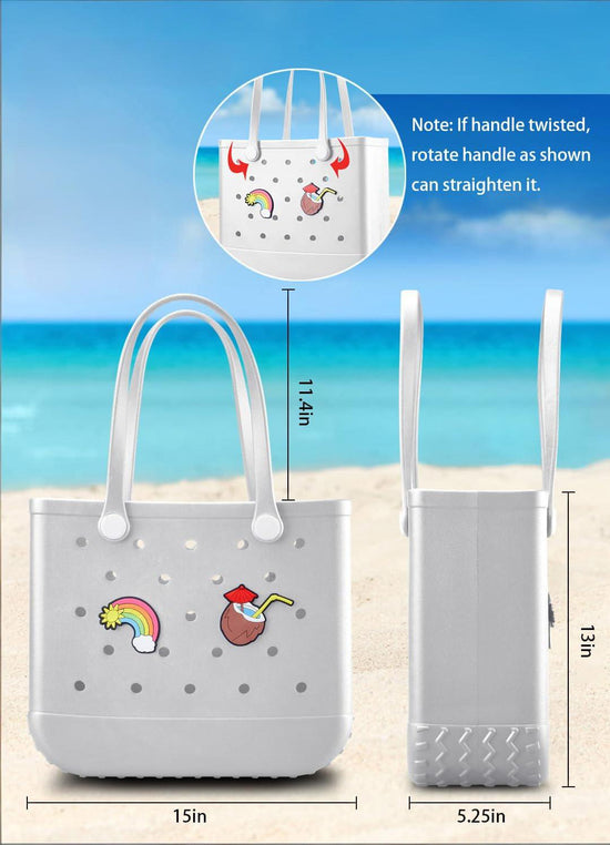 EVA Beach Tote Bag for Swimming, Pool & Travel – Waterproof Washable Rubber Handbag with 2 Random Charms, Lightweight & Sand-Resistant (White)  | Other Colors Available in Store