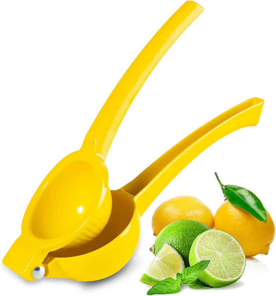 Manual Citrus Squeezer with Built-in Strainer, Non-Slip Handle & Grooved Press Head—For Lemons, Limes, Oranges—Easy Hand Juicing Tool for Cocktails, Dressings, Marinades—Includes Usage Guide (Yellow)