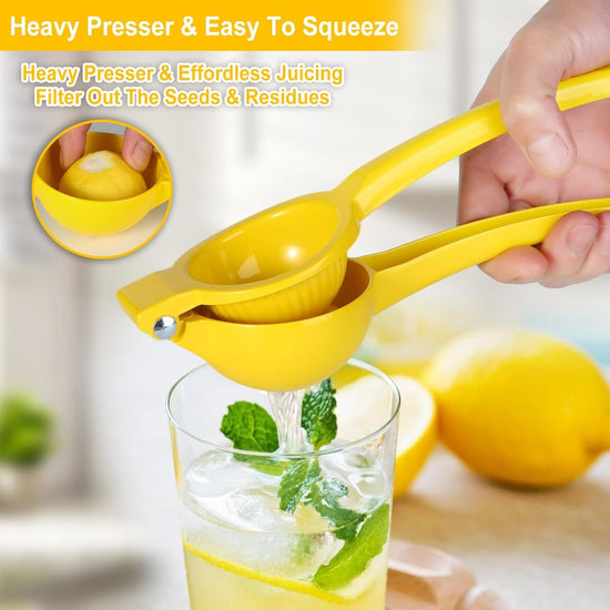 Manual Citrus Squeezer with Built-in Strainer, Non-Slip Handle & Grooved Press Head—For Lemons, Limes, Oranges—Easy Hand Juicing Tool for Cocktails, Dressings, Marinades—Includes Usage Guide (Yellow)