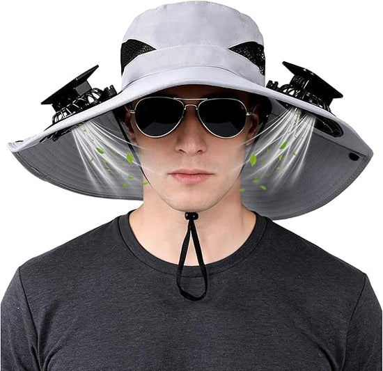 Solar-Powered Dual-Fan Sun Hat – UPF 50+ Wide-Brim Outdoor Hat with 2 USB/Solar Rechargeable Fans, Adjustable Strap, Breathable Mesh, for Fishing, Hiking, Beach & Gardening; Unisex Cooling Cap with 800mAh Battery (Grey)