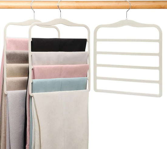 3-Pack Black 5-Tier Velvet Pants Hangers—Swivel Hook, Multi-Use for Pants, Scarves, Towels & Ties—Space-Efficient Closet Organizer for Apartments, Dorms, Small Spaces (White)