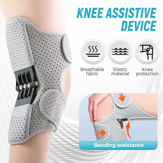 Knee Assistive Brace with Carbon Steel Spring Support – Breathable Perforated Sleeve, Adjustable Straps, Joint Stabilization & Pain Relief for Walking, Running, Hiking, Rehabilitation; Unisex Design for Men & Women (Grey)
