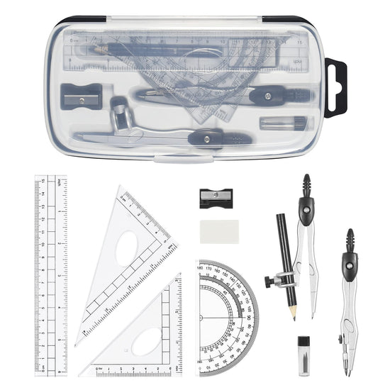 Complete 10-Piece Geometry Kit Set – Precision Drafting Tools with Metal Compasses, Rulers, Protractor & Pencil Sharpener – Ideal for Students, Engineers & Artists (Black)