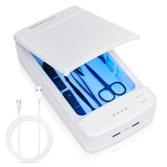 Multi-Function UV Sterilizer Box with Blue LED Light – 99.9% Germ Elimination, Dual Sterilize & Aromatherapy Modes, USB-C + Dual USB-A Ports, 3–5 Min Quick Sanitizing, for Nail Tools, Makeup Brushes, Jewelry, Phones, Keys (White)