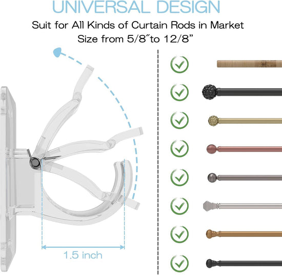 4-Pack No-Drill Self-Adhesive Curtain Rod Brackets for Smooth Walls, Universal Fit for Bathroom & Bedroom (Transparent)